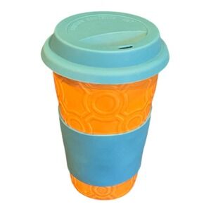 SCM Design Stoneware Ceramic Orange Aqua Travel Tumbler Grip & Lid 12 oz